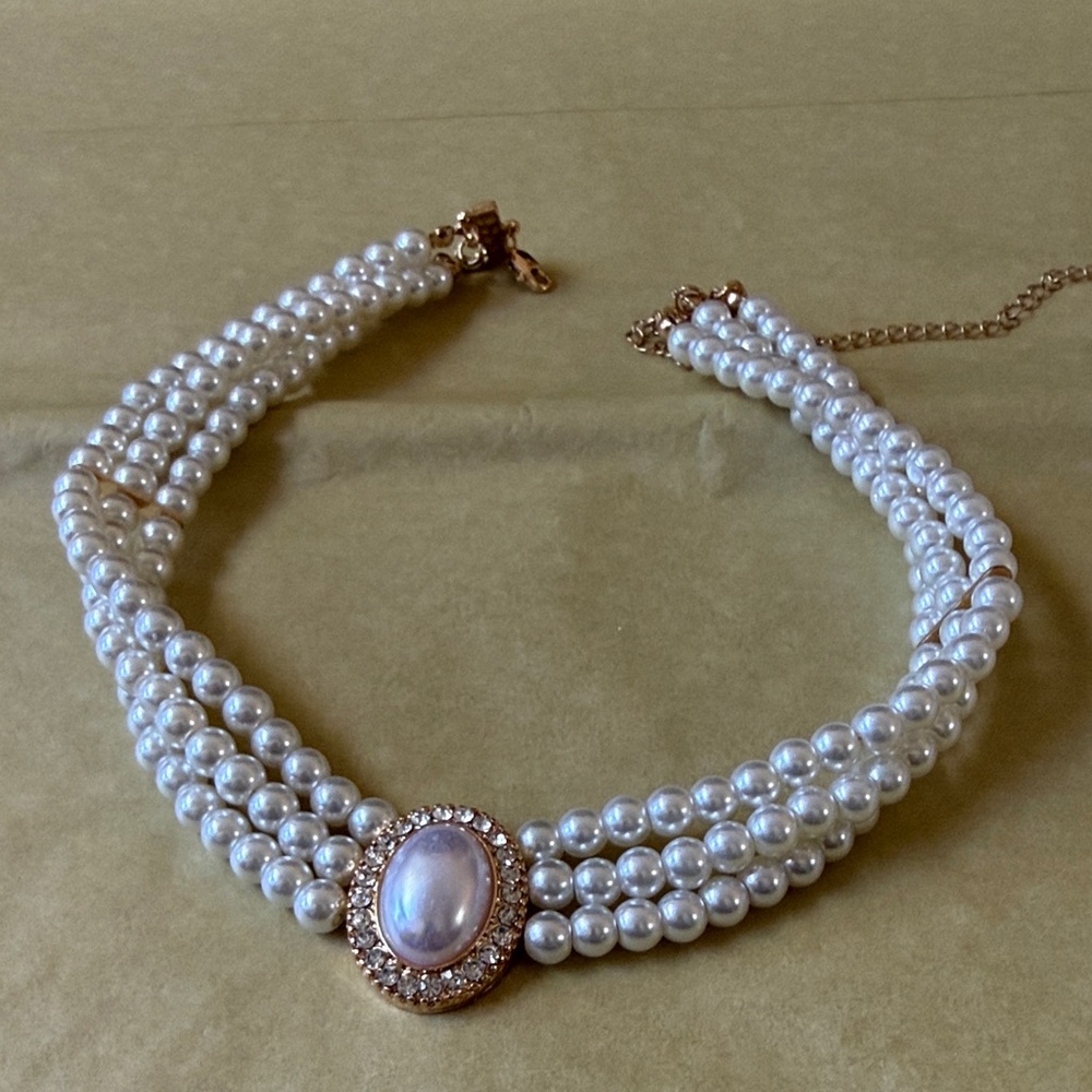 Elegant three strand faux Pearl choker Necklace with Gold Accents